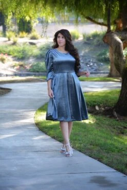 Capri Slate Blue Gray Velvet Puff Sleeve Dress -Women Dresses Store 0B5D26CA 0233 4F1F AEEA 91B157FE03C3