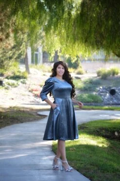 Capri Slate Blue Gray Velvet Puff Sleeve Dress -Women Dresses Store 366F73CB B016 406F B157 616C5DFBA406