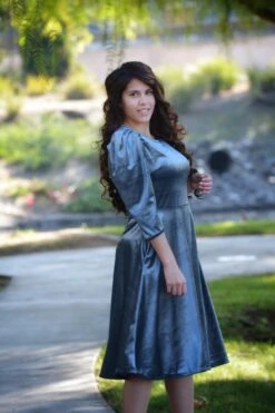 Capri Slate Blue Gray Velvet Puff Sleeve Dress -Women Dresses Store 37565183 C873 4F80 B289 C680FAA17500