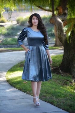 Capri Slate Blue Gray Velvet Puff Sleeve Dress -Women Dresses Store 6FF6941E C2B0 4210 8D87 D28CD2A82FEC
