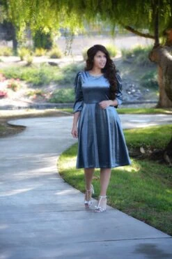 Capri Slate Blue Gray Velvet Puff Sleeve Dress -Women Dresses Store 71F5A76B 1141 4654 9301 29B1E09C40F7
