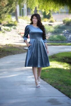 Capri Slate Blue Gray Velvet Puff Sleeve Dress -Women Dresses Store B22B35DB 0AB7 4828 8403 AFB5D4122F47
