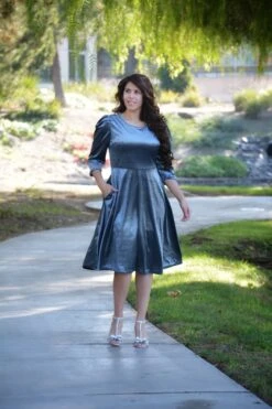Capri Slate Blue Gray Velvet Puff Sleeve Dress -Women Dresses Store B8AB156D 5C67 4F0F 929E 46EFA5FD31BA