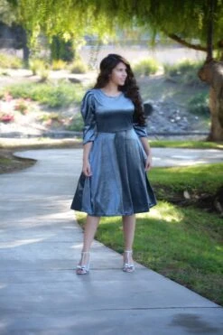 Capri Slate Blue Gray Velvet Puff Sleeve Dress -Women Dresses Store C5E55530 6E8F 4A3D 9926 B3DA6BE43853