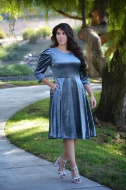 Capri Slate Blue Gray Velvet Puff Sleeve Dress -Women Dresses Store D050698E BB76 43D8 B4A7 ABBD5227BC40