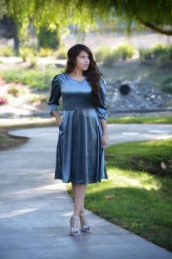 Capri Slate Blue Gray Velvet Puff Sleeve Dress -Women Dresses Store E8E31C80 EC54 47BB 9C89 CA6FB6780D96