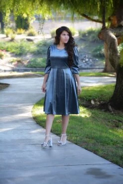 Capri Slate Blue Gray Velvet Puff Sleeve Dress -Women Dresses Store EF8C6269 3CA4 4B0A 8F2A 28FDD5F8BA2F