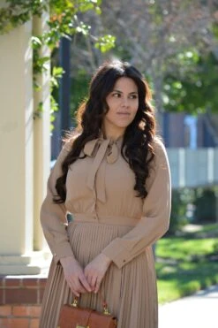 Britain Tan Pleated Dress -Women Dresses Store Facetune 02 01 2024 15 44 18