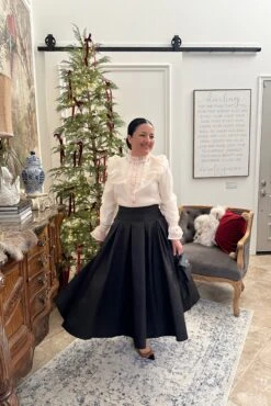 Janae Black Taffeta Woven Full Midi Skirt