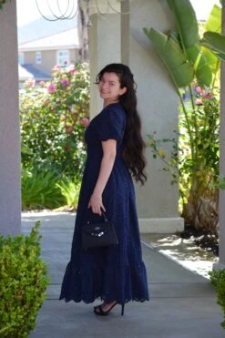 Loretta Navy 100% Cotton Eyelet Dress